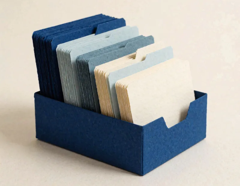 Ein Karteikasten aus blauem und cremefarbenem Papier, dicht gefüllt mit aufrecht stehenden Karten und Registerreitern.