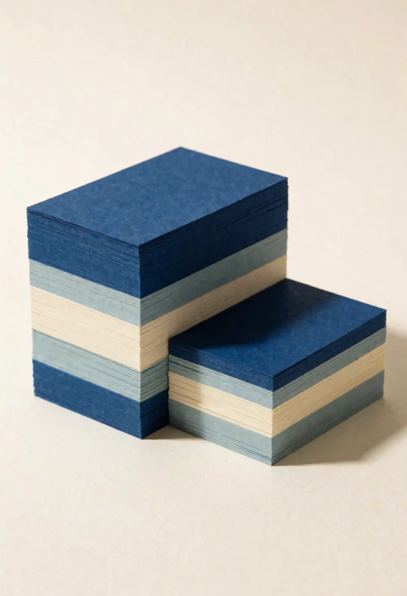 Zwei Stapel aus Papierkarten nebeneinander, einer hoch und einer niedrig, in tiefem Blau und Creme.