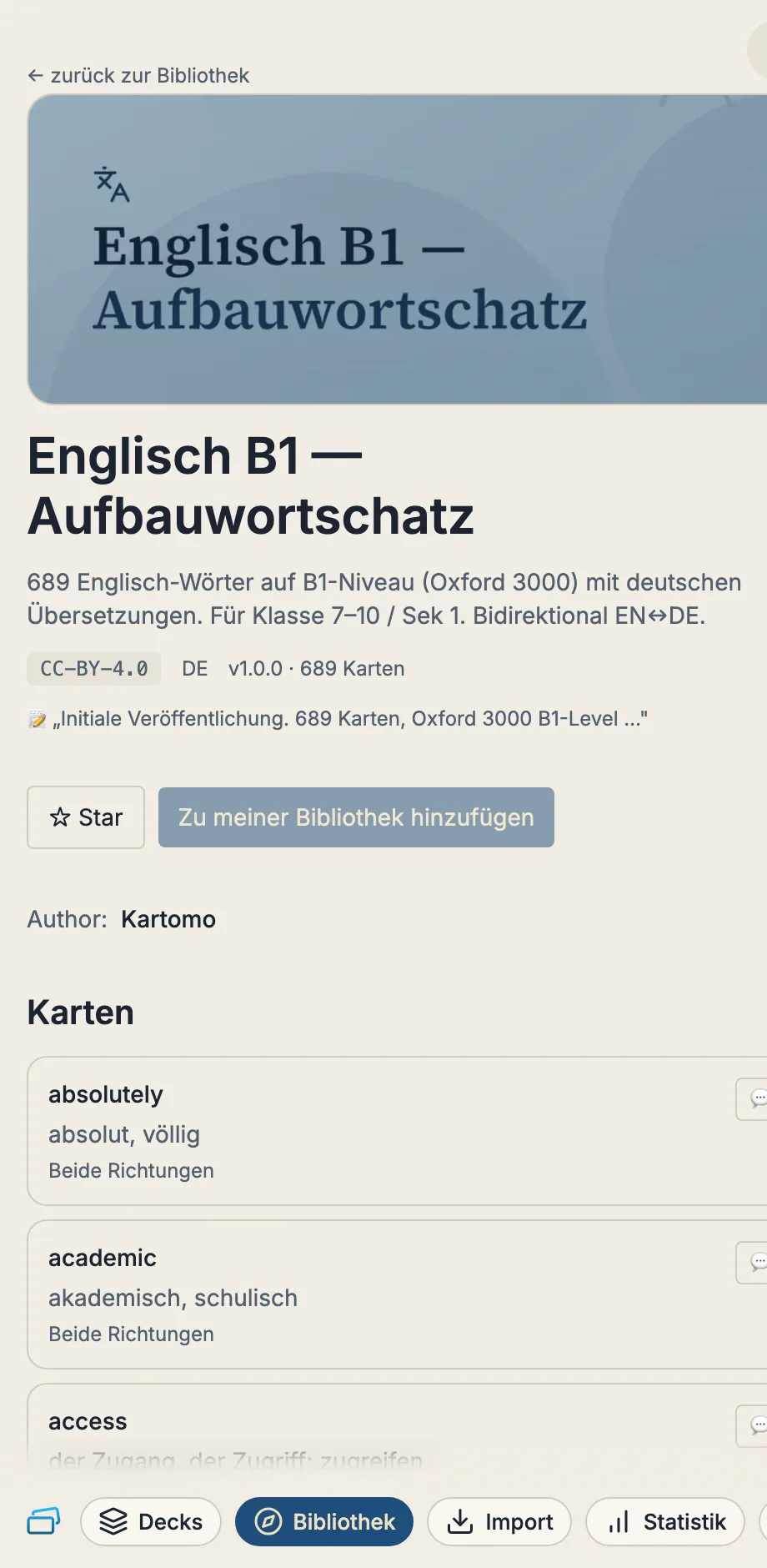 Dasselbe Deck in Telefonbreite: Titelbild, Beschreibung, Lizenz und die ersten Karten mit Vorder- und Rückseite.